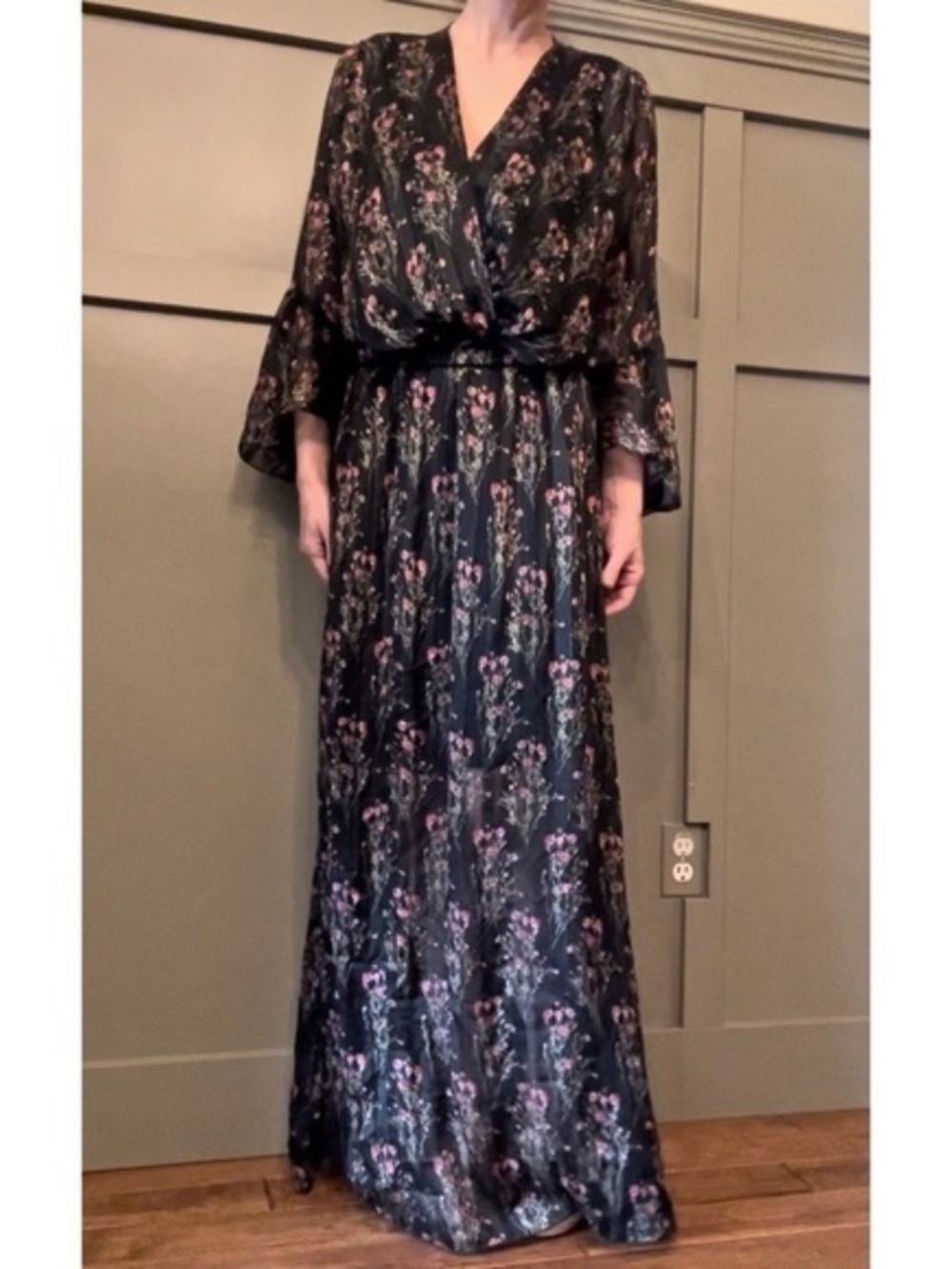 Holly & Joey Paris Bell Sleeve Surplice Neck Floral Maxi Dress Sheer Metallic S